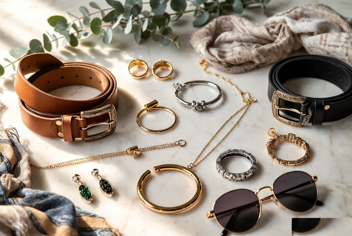 Leather belts, gold and silver jewellery, and sunglasses on white linen
