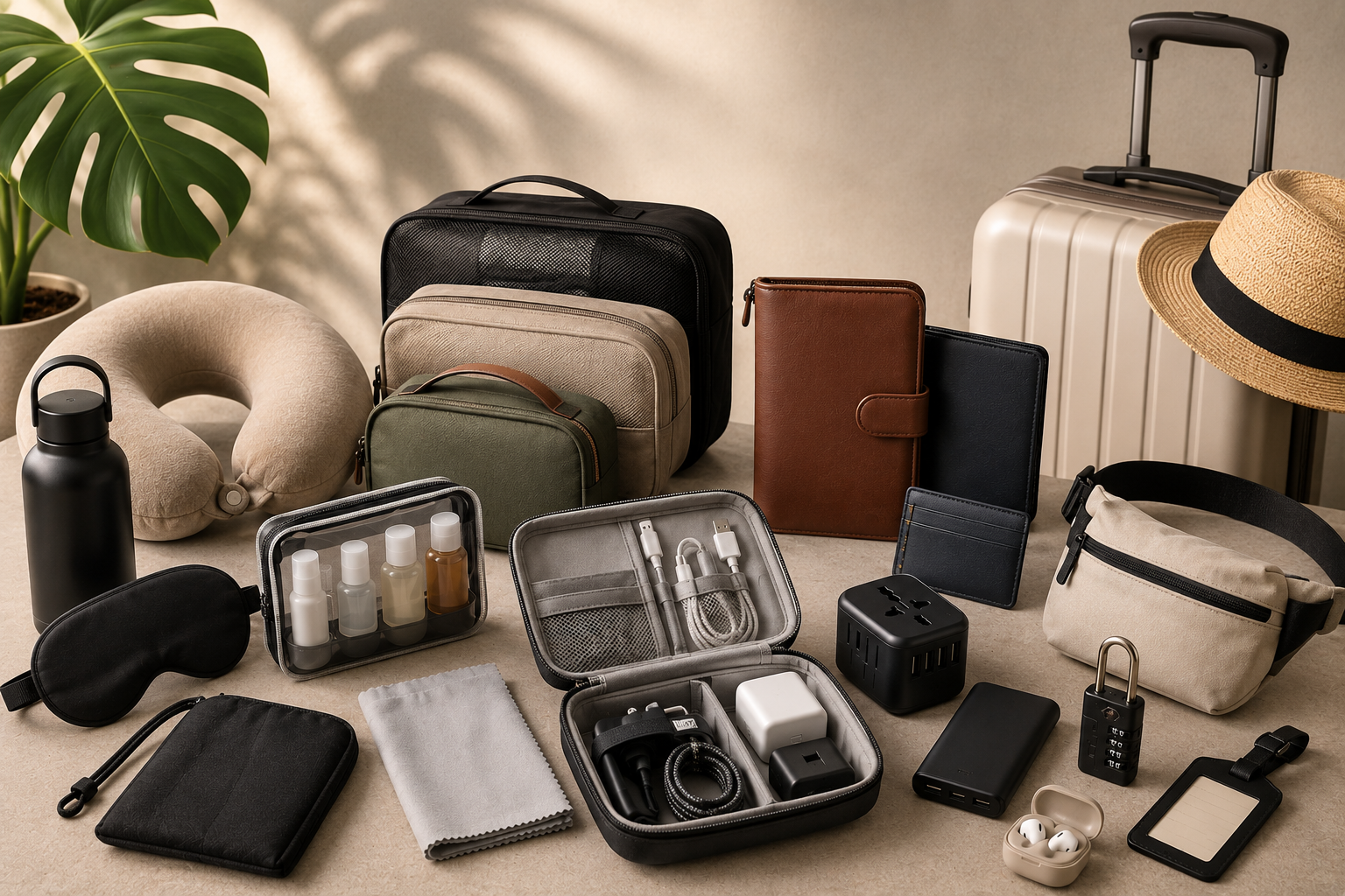 Travel accessories including tech organiser, toiletry bags, neck pillow, luggage, water bottle and sleep mask